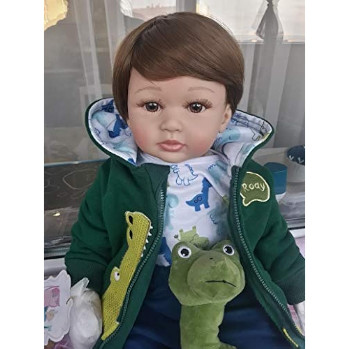 24 Inch Boy Doll Reborn Toddler Doll Realistic Looking Soft Silicone Weighted Soft Cloth Body Newborn with Dinosaur Clothes