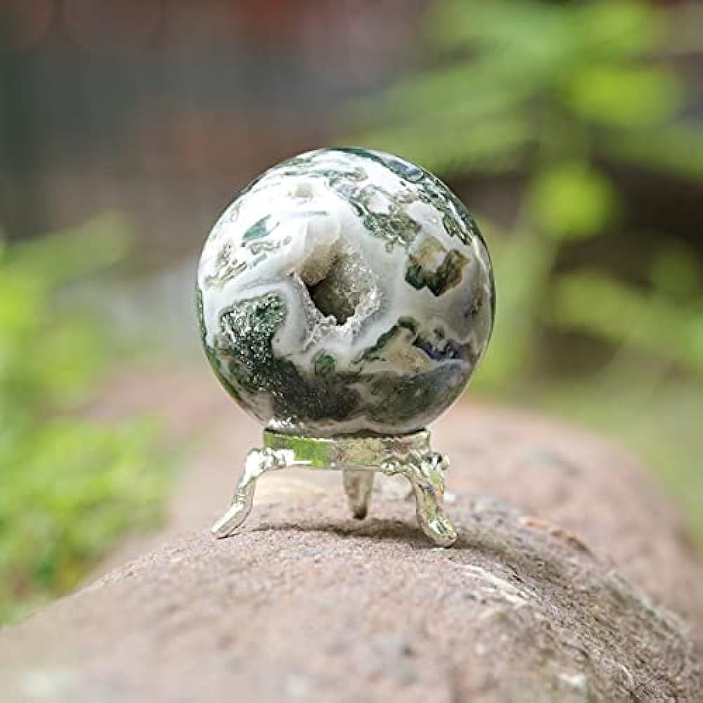 Crocon Tree Agate Crystal Sphere and Metal Stand Gemstone Sphere Healing Ball Sculpture Feng Shui Fortune Telling Figurine Home Decor Size: 45-55 mm