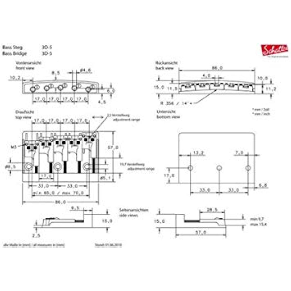 SCHALLER 3-D5 CHROME 5-string bass bridge