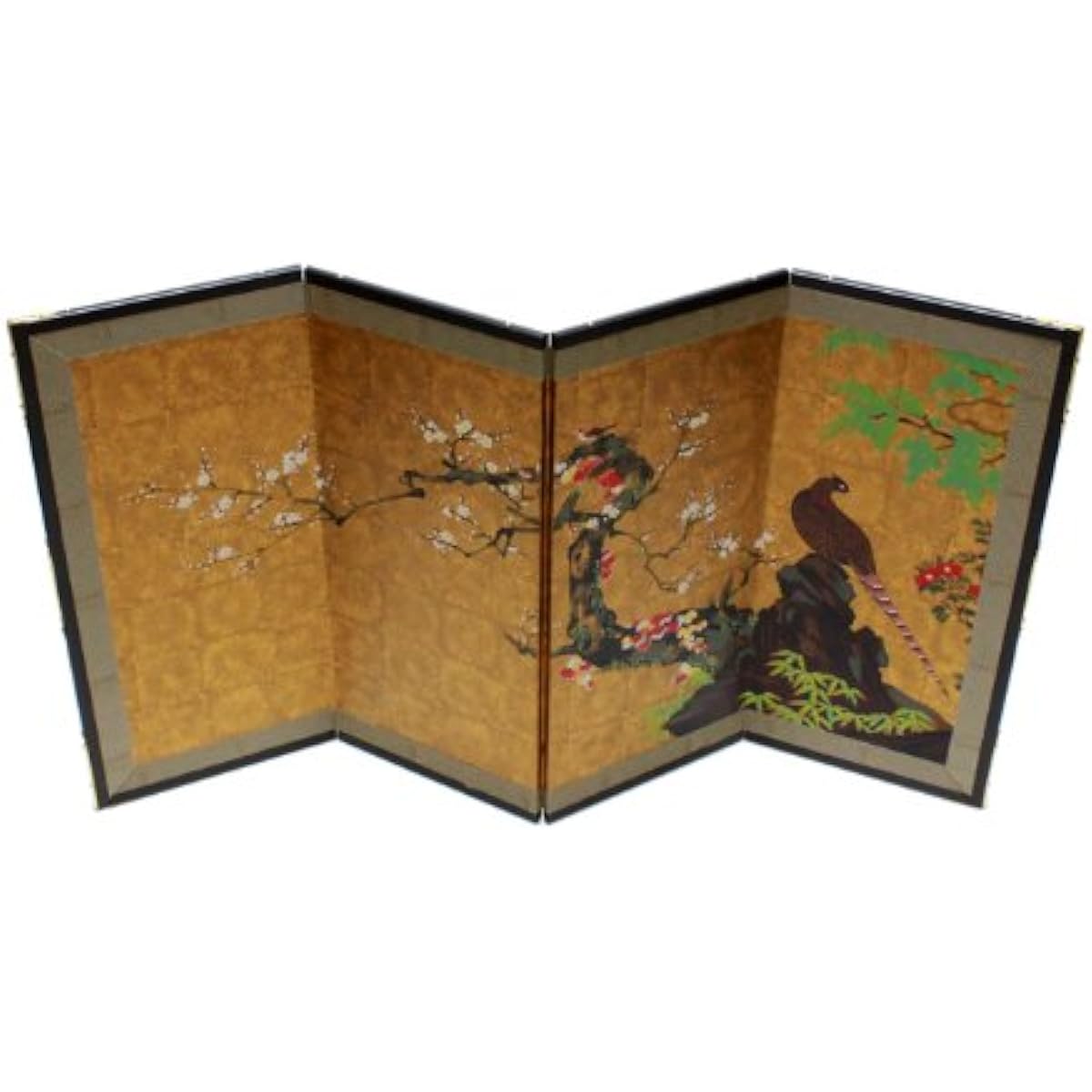 Miniature folding screen: Treasure wall painting folding screen - Plum and mountain bird folding screen / Height 34cm