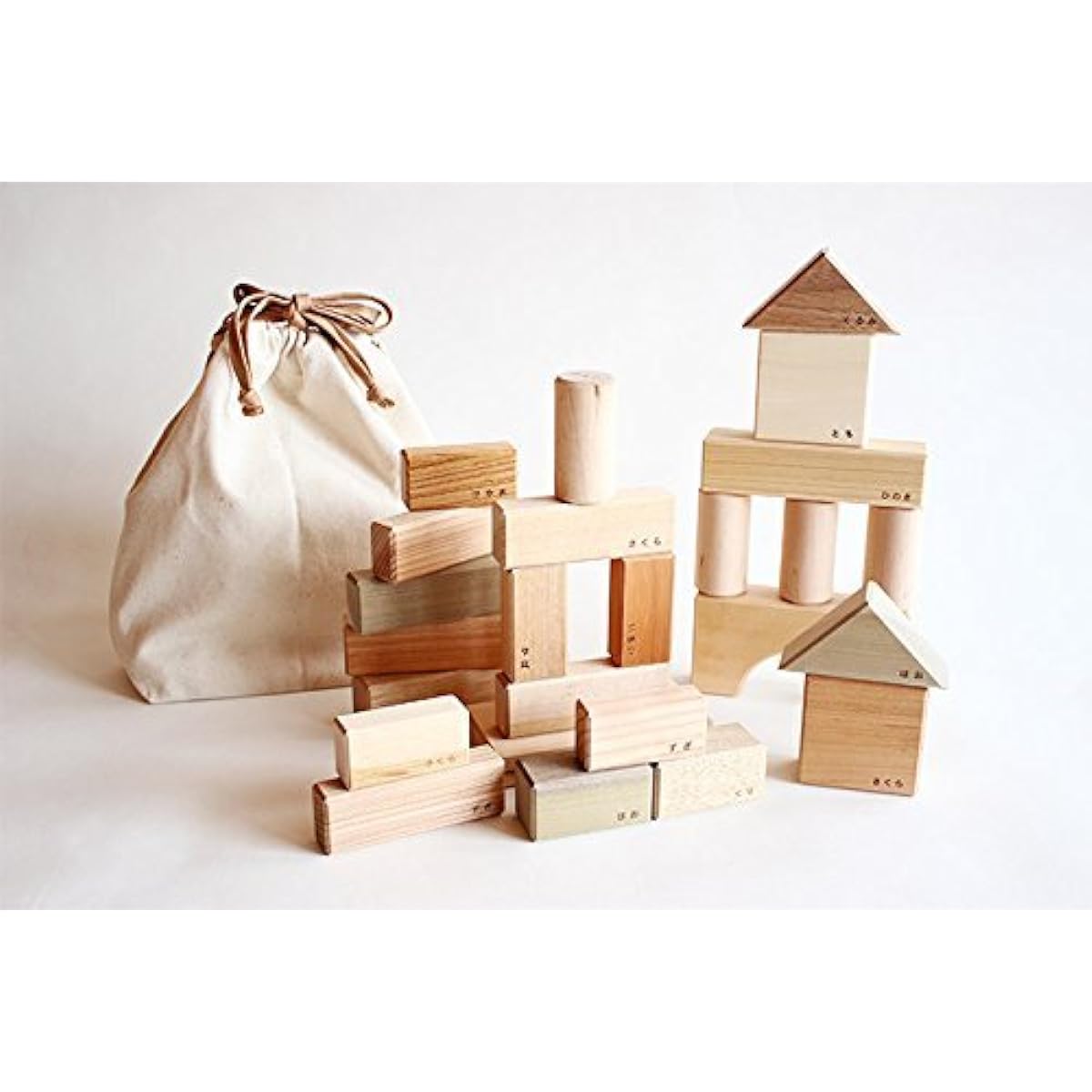 Oak Village Parquet Building Blocks with Bags Made of Domestic Wood, Unpainted, Safe and Secure Wooden Toys Building Blocks Set, Educational, Made in Japan
