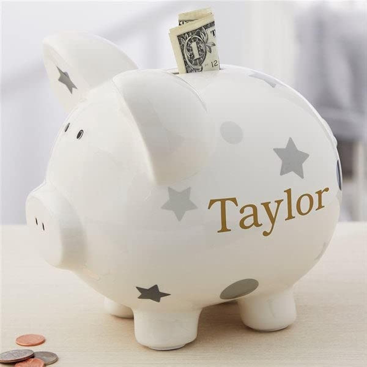 Personalized Baby Grey Polka Dot & Star Piggy Bank Ceramic Money Box Boys/Toddler Money Box with Vinyl Applique Perfect Gift for Boys or Girls