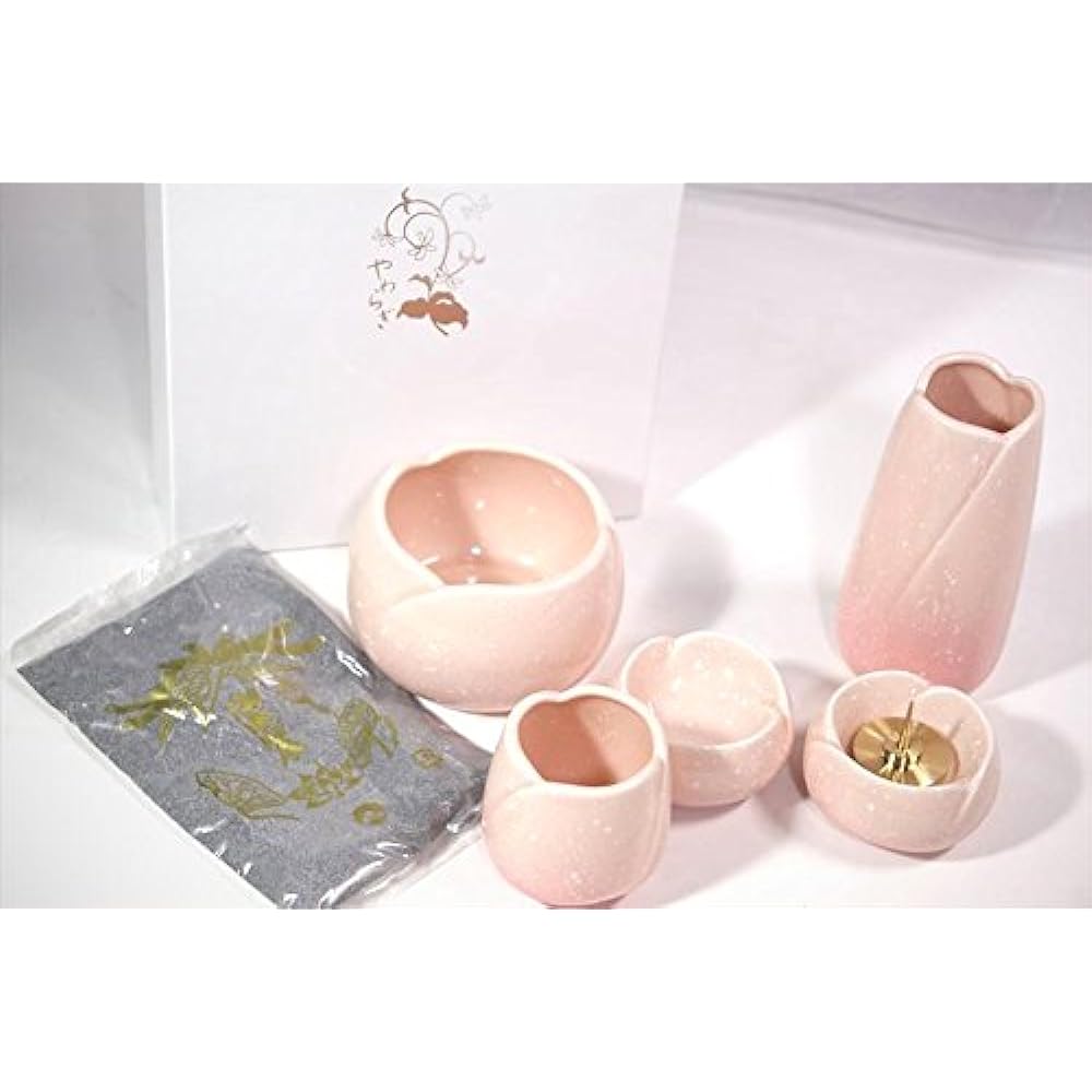 Yawaragi Buddha utensils 5-piece set, medium Sakura (incense burner, teacup, candle holder, Buddhist vessel, vase) *Comes with specially selected incense burner ash (a little) and candle wick