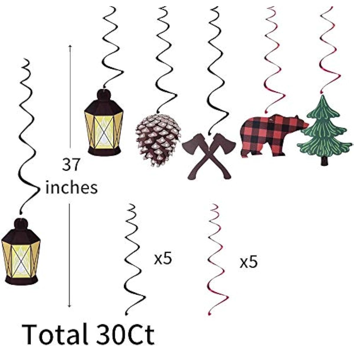 15Ct Lumberjack Hanging Swirl Decorations - Bear Hazelnut Pine Log Light Ax Kerosene Lamp Lumberjack Birthday Party Supplies Theme Party
