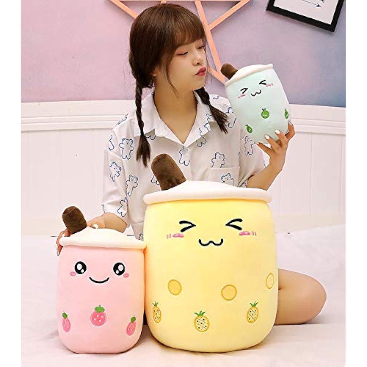 VICKYPOP Cute Bubble Tea Plush Boba Stuffed Animal Food Shape Cushion Cartoon Fruit Milk Tea Gift for Kids (Yellow Eyes Close, 19.6 Inch)