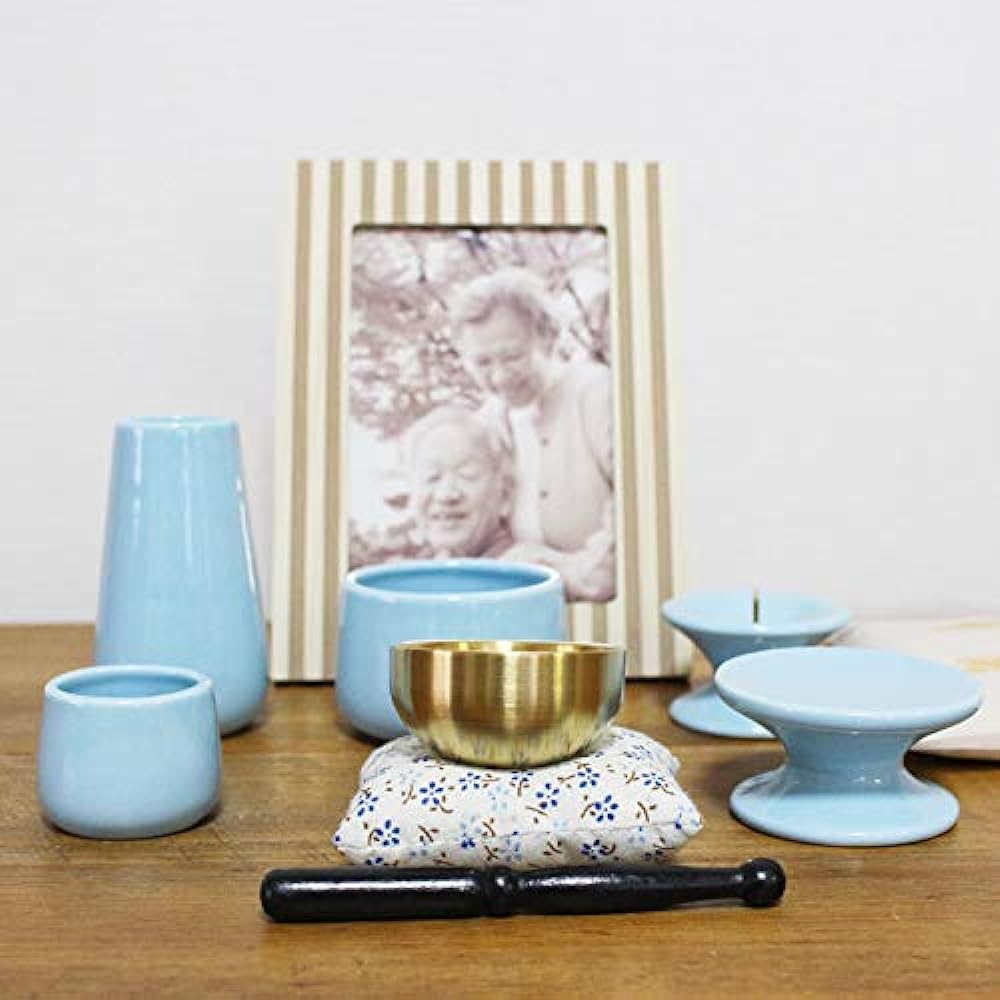 Mini Buddhist utensils 7-piece set, Korin, incense burner, incense burner ash, candle holder, vase, teacup, offering stand, blue