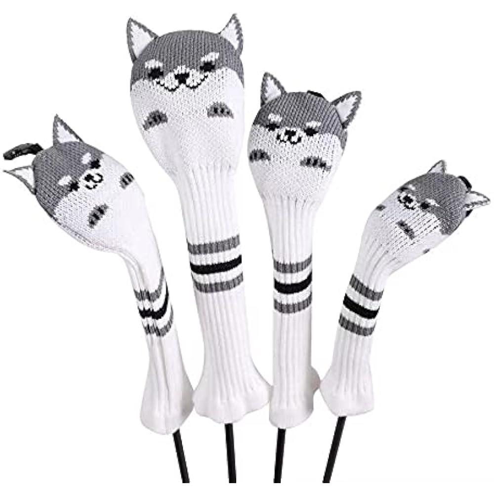 Golf cover head cover 4-piece set driver/wood FW 2-piece/hybrid UT cover knitted with conversion tag Akita dog design