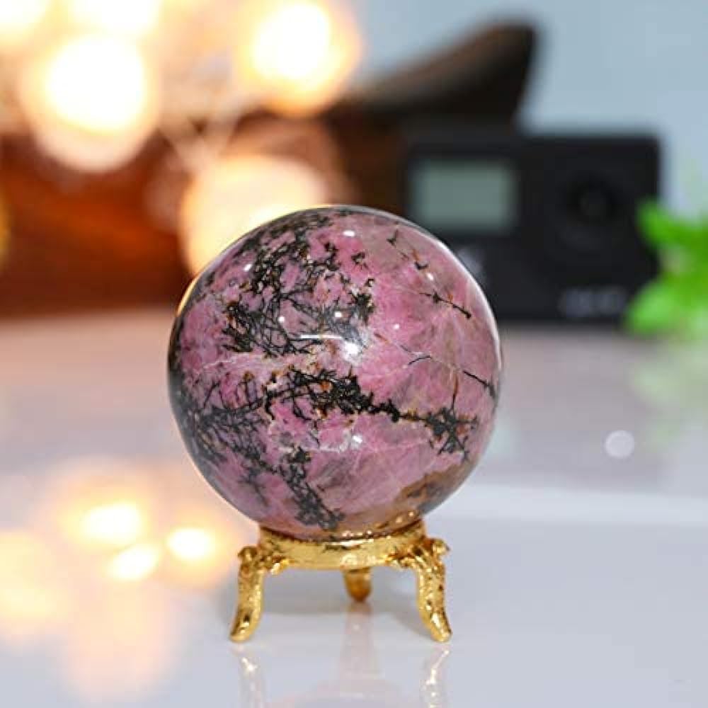 Crocon Rhodonite Stone Ball Gemstone Ball Healing Stone Sphere with Metal Stand Sculpture Feng Shui Figurine Meditation Divination Home Decoration Photo Crystal Sphere Size: 40-50 mm
