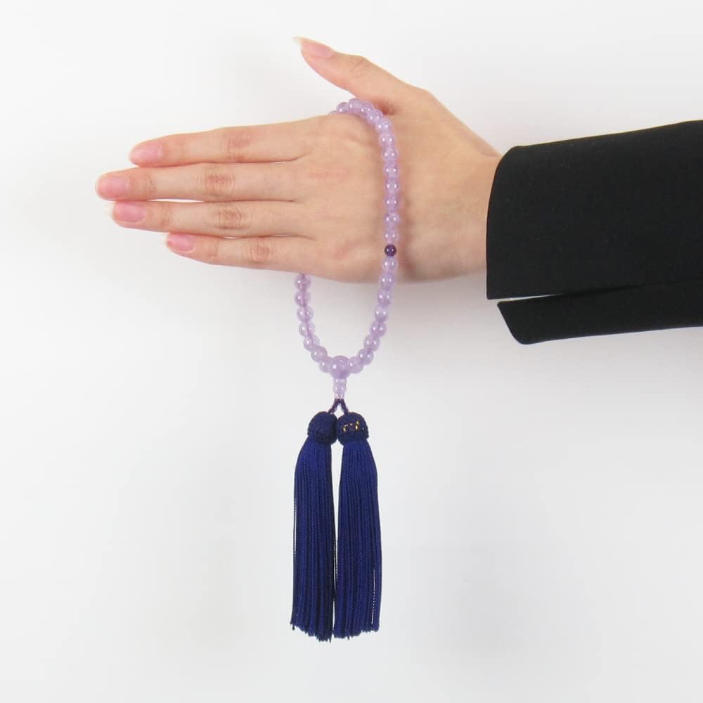 Prayer beads <Made in Japan> Women's high-quality natural stone Fuji cloud stone, amethyst crystal, pure silk tassel, prayer bead bag included, purple (tassel color), handmade prayer beads, domestically made prayer beads that can be used by all sects [Lo