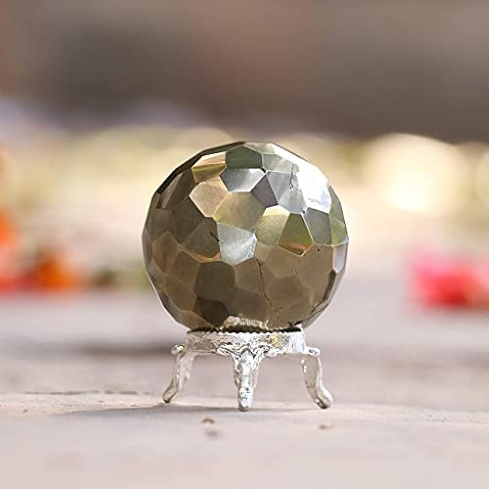Crocon Golden Pyrite Diamond Cut Crystal Ball with Metal Stand | Gemstone Ball Healing Sphere Sculpture Figure | Feng Shui Fortune Telling Home Decoration | Crystal Ball | Size: 50-60mm