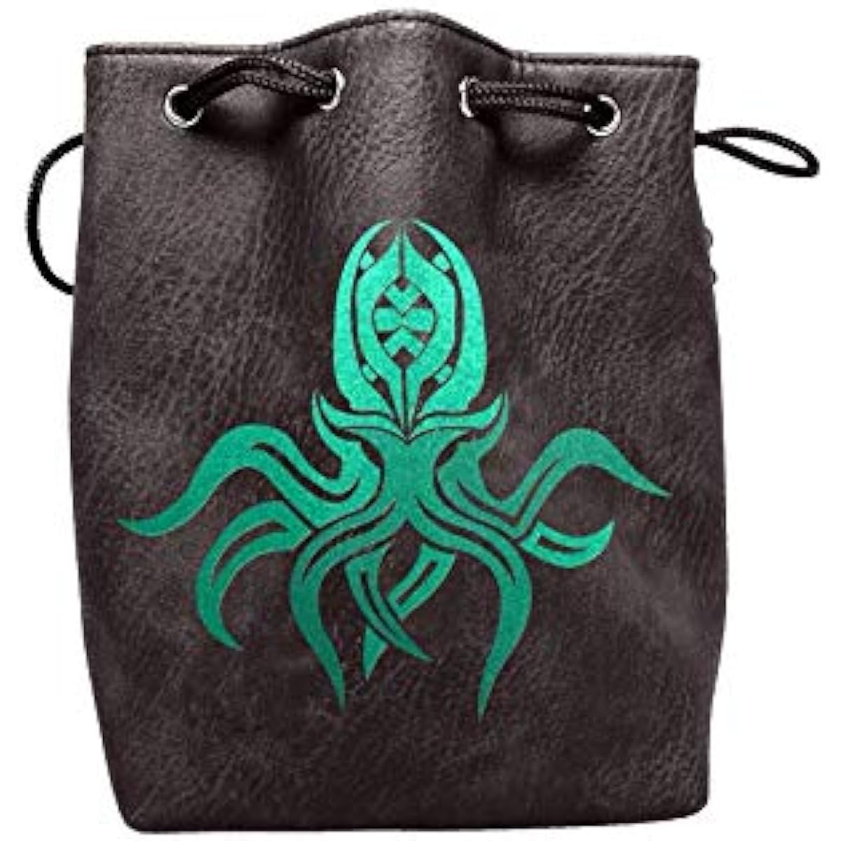 Black Leather Lite Large Dice Bag Cthulhu Design - Black Faux Leather Exterior Lined Interior - Stands up on its Own Holds 400 16mm Polyhedral Dice