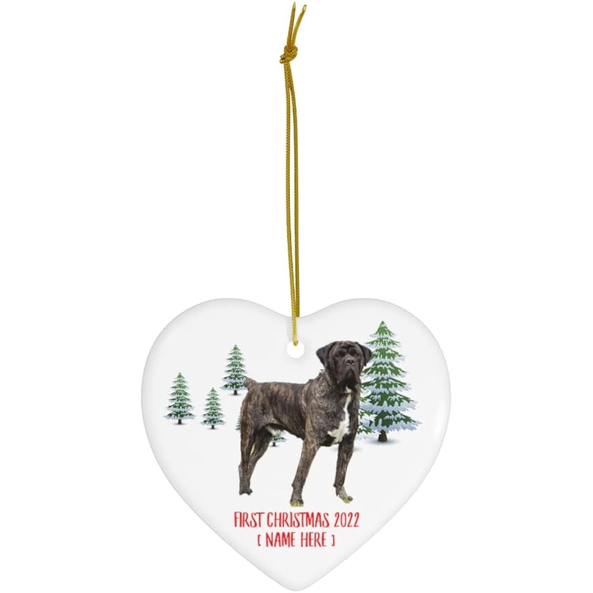 Personalized Name Custom Year Cane Corso Brindle First 2023 Christmas Tree Ornament Gift Decor Winter Landscape Heart Ceramic