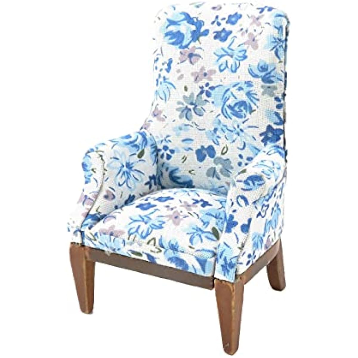 Dollhouse Blue Floral Walnut Fireplace Side Armchair Miniature Living Room Furniture