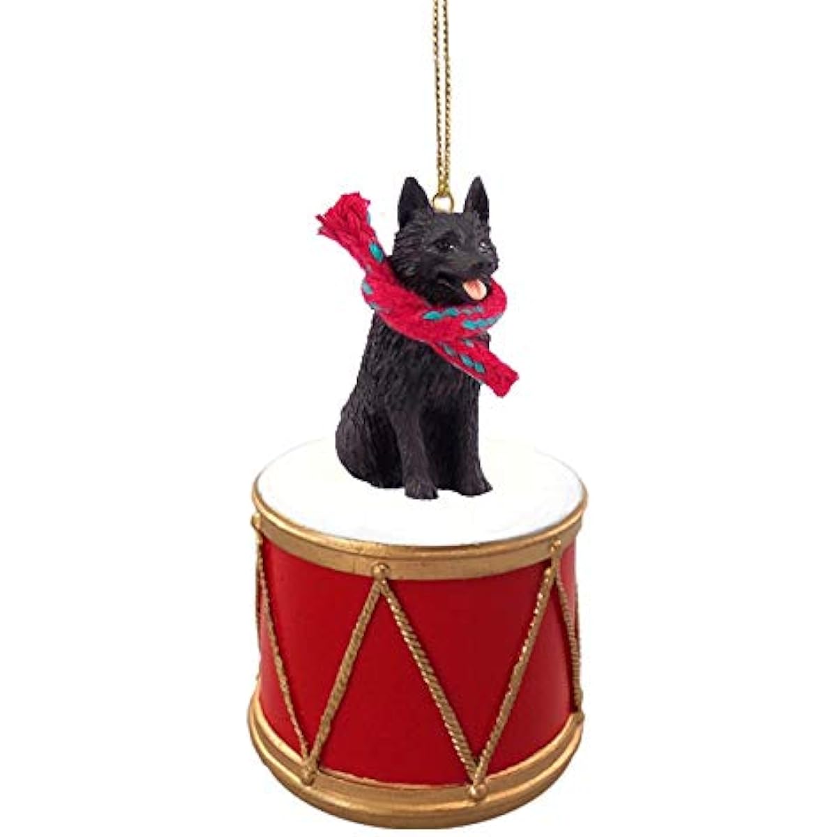 SCHIPPERKE DRD71 Christmas Ornament Dog Sitting on a Drum with Gold String and Scarf DRD71