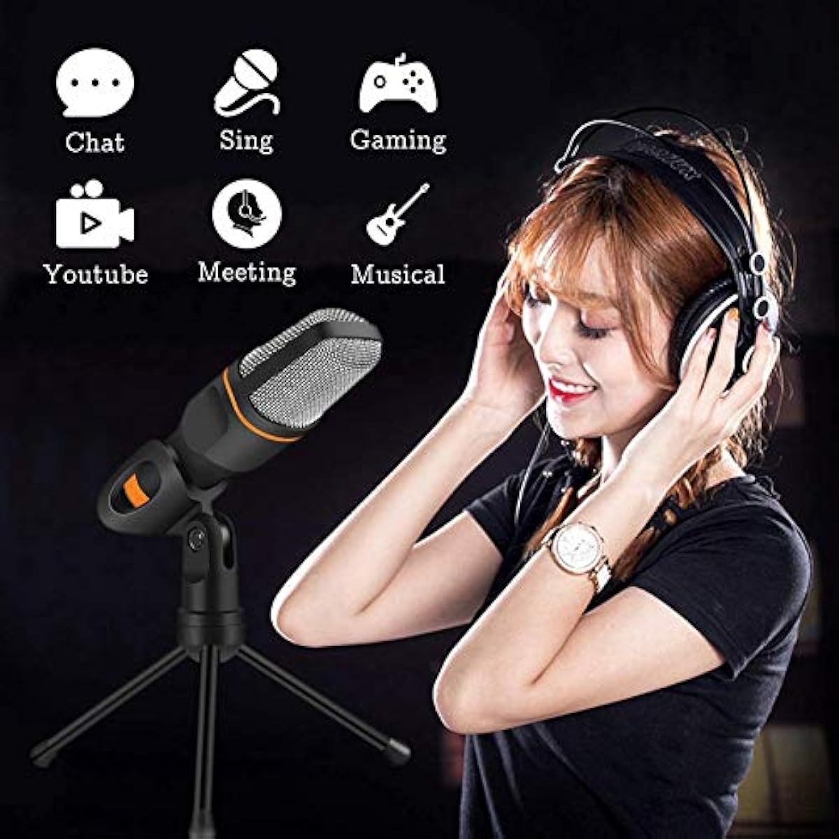 Microphone Stand, Professional 3.5mm Jack Recording Condenser Microphone Compatible with PC, Laptop Phone
