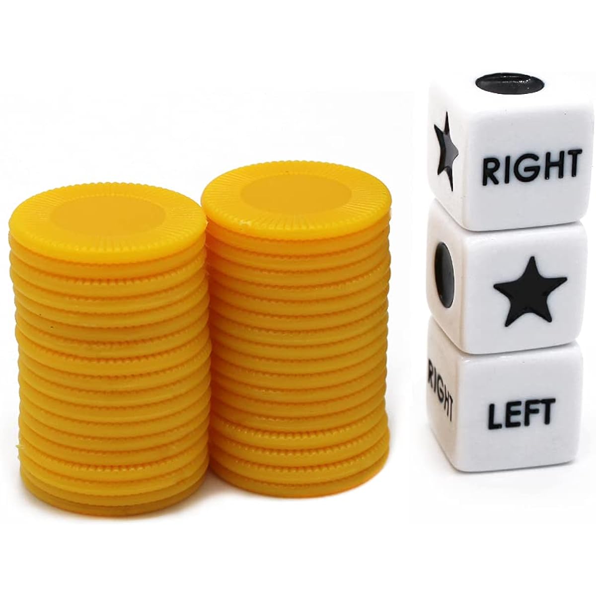 Bilywey Left Right Center Dice Game Set 3 Dice + 36 Chips (Yellow)