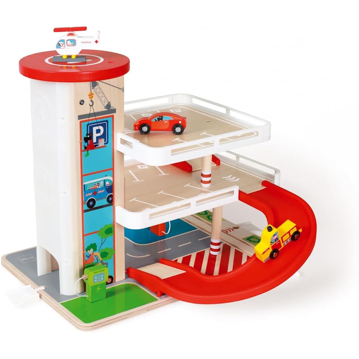Scratch Wooden Multi-storey Car Park with Elevator Wooden Toy Vehicle Slope Toy 6181085 Authentic