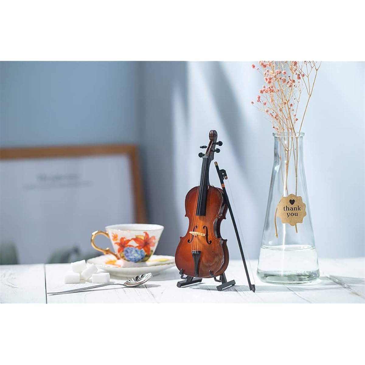 ALANO Miniature Violin Mini Musical Instrument Wooden Model Replica Christmas Festival Decoration Holiday Tree Ornament with Stand (12cm)