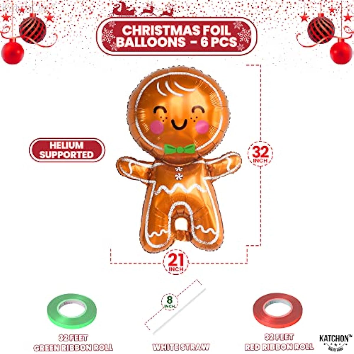 KatchOn Big Merry Christmas Gingerbread Balloons 6 Pack | Gingerbread Man Balloons for Christmas Party Decorations | Christmas Foil Balloons for Christmas Decorations | Christmas Mylar Balloons