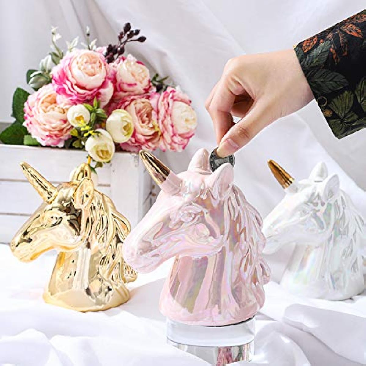 Hooshion Ceramic Unicorn Piggy Bank Unicorn Money Box Coin Bank Desktop Decoration for Kids Girls Boys Birthday Gift (Pink)