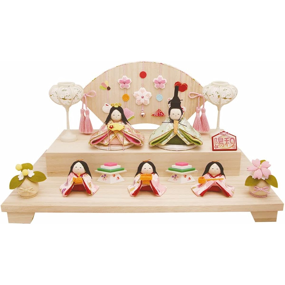 Hina dolls and decorations, Petit Hiyori Hina dolls, set of 5, folding screen, snow lantern, cherry orange, and diamond-shaped rice cakes, wooden stand decoration set, handmade, crepe paper craft