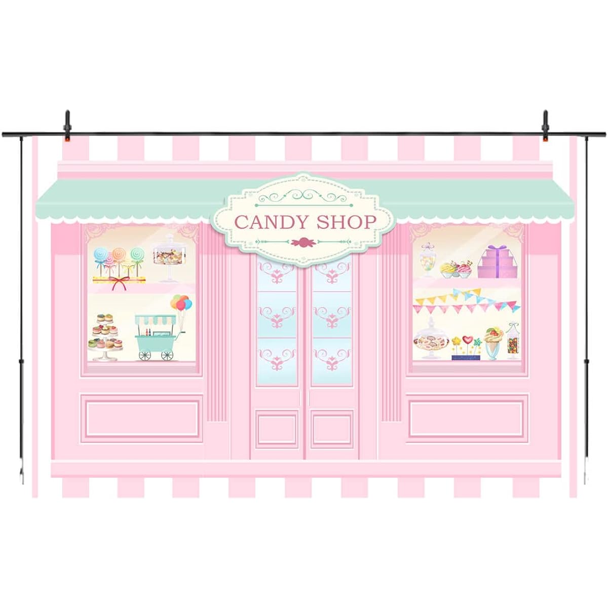 Candy Shop Backdrop for Girls Pink Candy Land Sweet Lollipop Shop Birthday Party Photo Background Decorations Balloons Table Dessert Banner 7x5ft