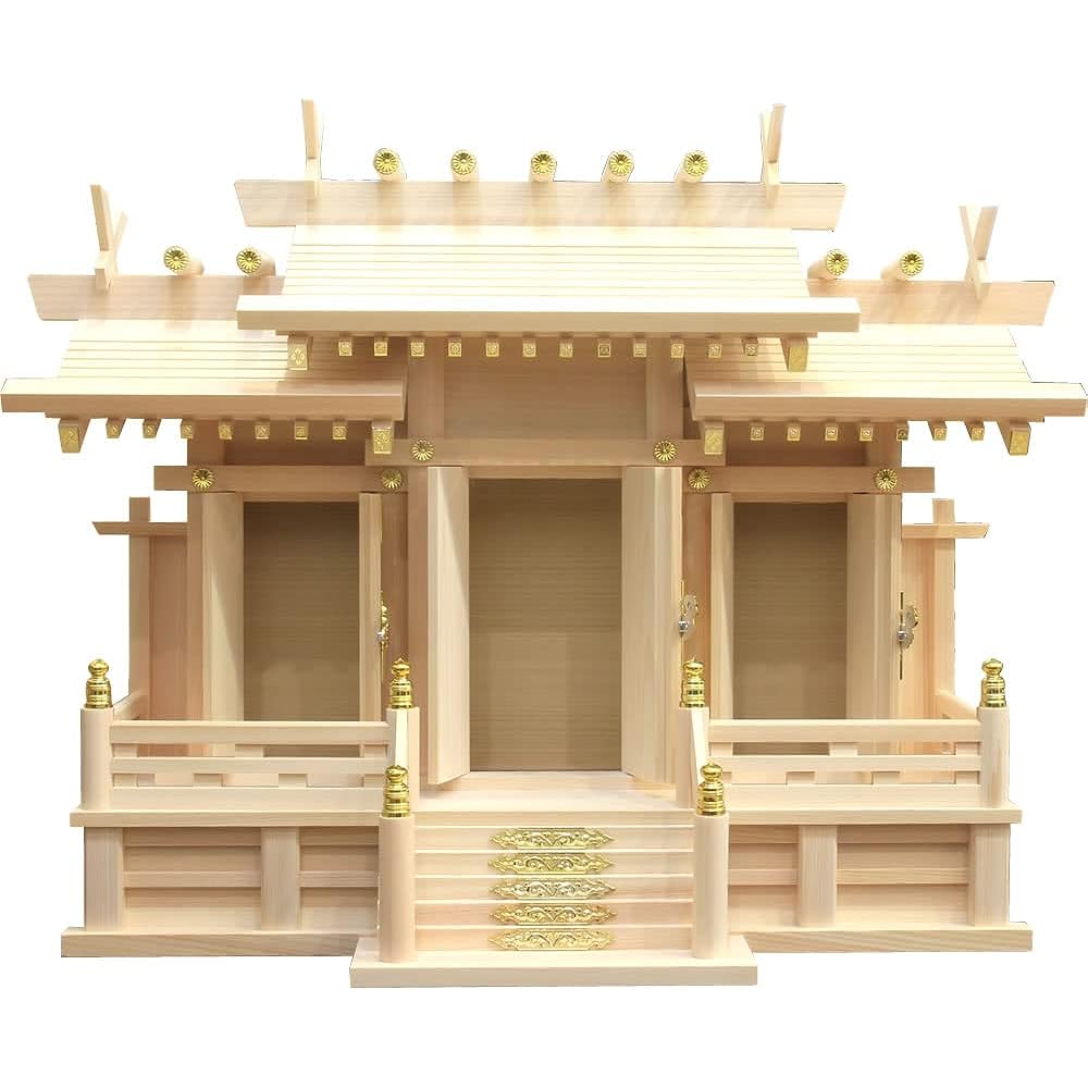 Matsuyama Shinto Buddhist Altar Store Shinto Altar, Three Shrines with Different Roofs, Medium, Cloud Seal Included, Made in Japan, Made in Japan, Hinoki Hinoki, Width 63cm, Height 49cm, Depth 26cm