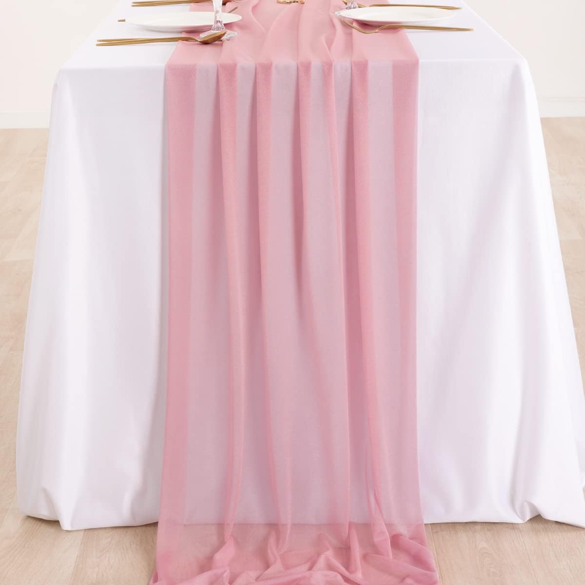 DeZerlor Dusty Rose Chiffon Table Runner 10ft Boho Romantic Wedding Table Runner 29" x 120" Sheer Chiffon Look Table Decoration for Wedding/Bridal/Baby Shower/Party Backdrop 1 Piece