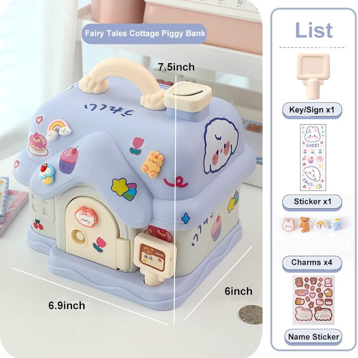 Fairy Tales Cottage Piggy Bank with DIY Sticker Gift & Key Cream House Piggy Bank ATM Gift for Kids (Blue)