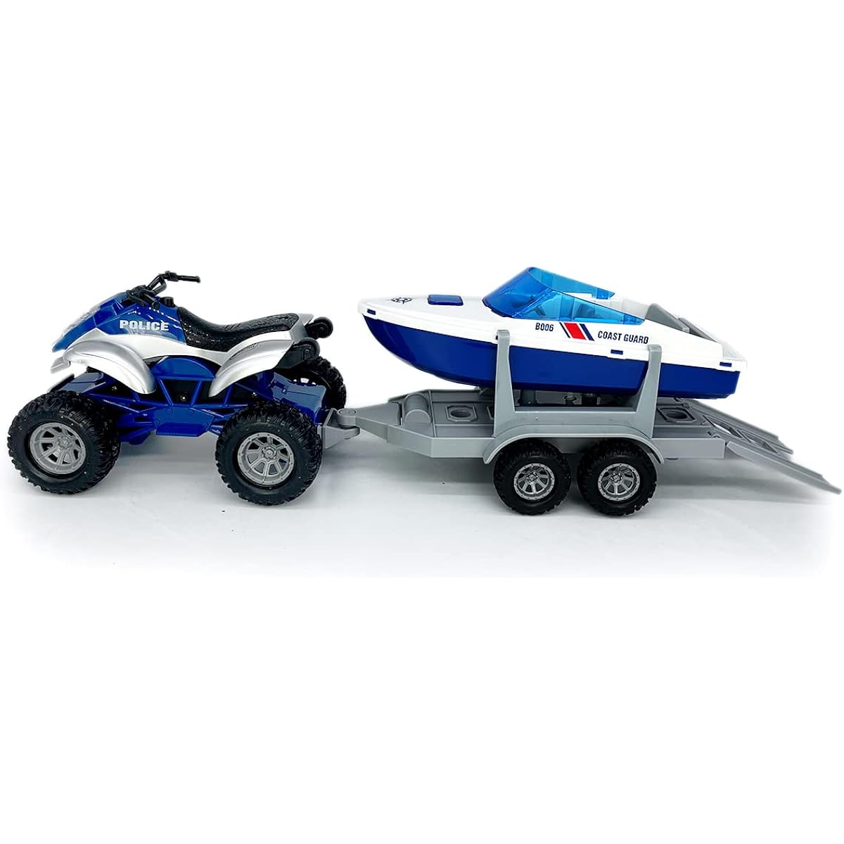 Large ATV Toy Trailer Speed Boat with Tow Flatbed Transport Police Motorcycle Toy Vehicle 2-in-1 Playset Light Sound Toy Truck for Boys 3 4 5 6 7 Years Kids Toddler Birthday Gift Blue