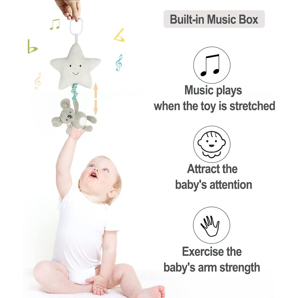 Blublu Park Baby Hanging Musical Toy with Music Box Baby Lullaby Pull Musical Sensory Toy for Baby Boys Girls Clip-On Stroller Pram Car Seat Toy Star