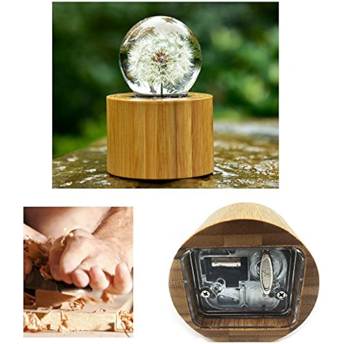 Musical Box Real Specimens Dandelion Ball with Wooden LED Bass Music Box Gift for Christmas/Birthday/Valentine's Day, Melody Castle in the Sky