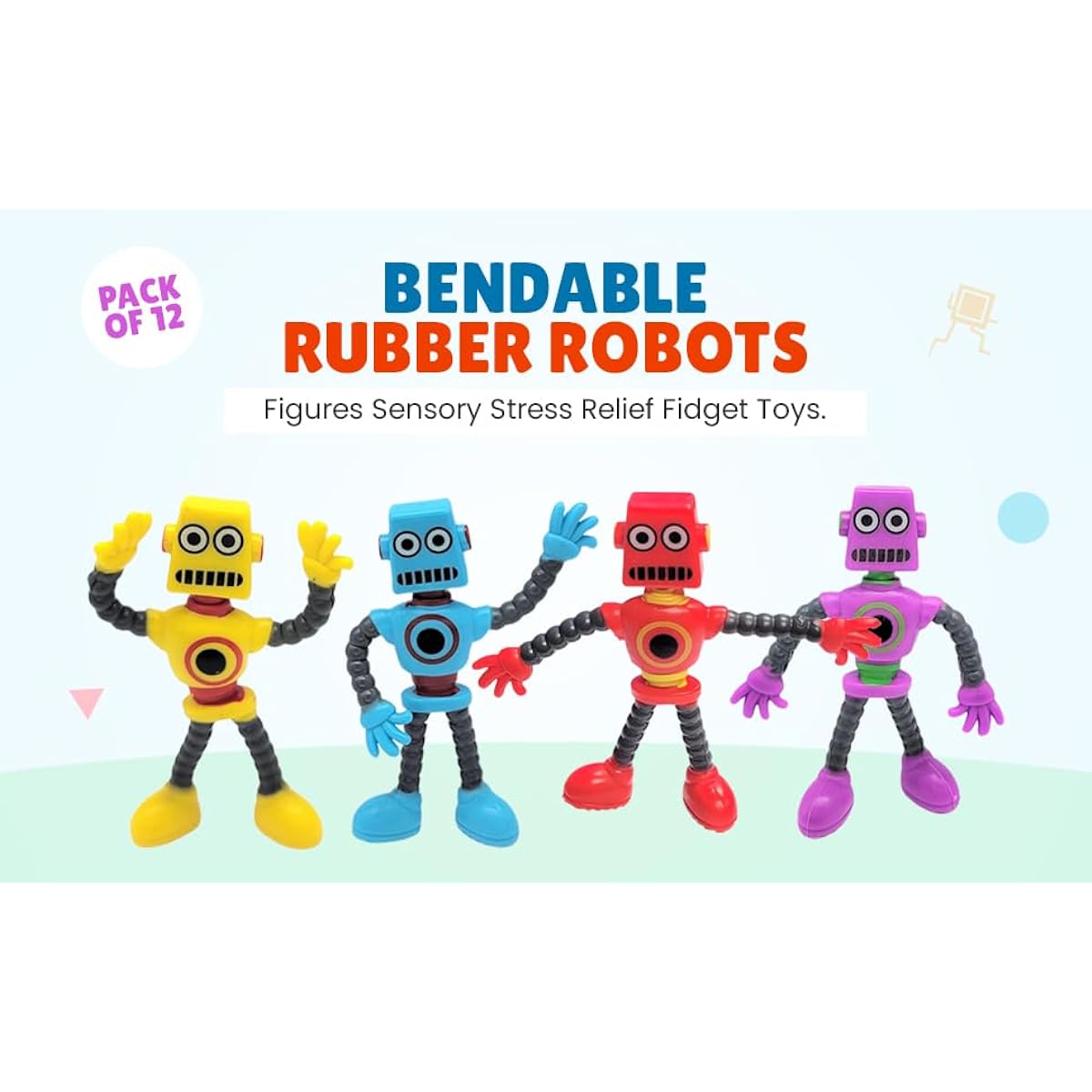 Cool Colorful Bendable Flexible Rubber Robot (4 Inch) Figures Sensory Stress Relief Fidget Toys Great Party Favors (Pack of 12)