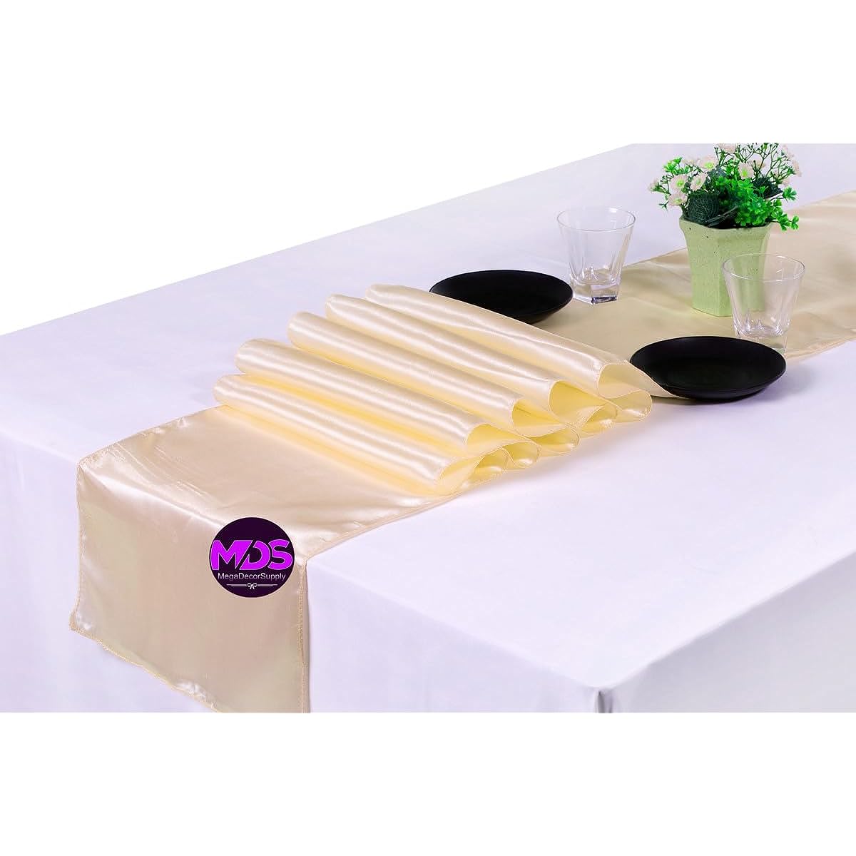 MDS Set of 10 12 x 108 inch Satin Table Runners for Wedding Party Dining 30 Colors 10 Yellow 10 _satin runner_ Light Gold
