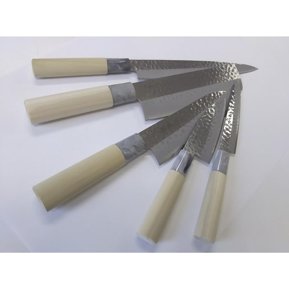 Yaxel Sekito Heisaku Knife Set of 5, Sashimi Knife, Nakiri Knife, Santoku Knife, Petty Knife, Kodeba Knife, Made in Japan, For Beginners, Single Edge, Japanese Knife, For Fish Handling, Vegetables, Hammered, Stainless Steel 32059