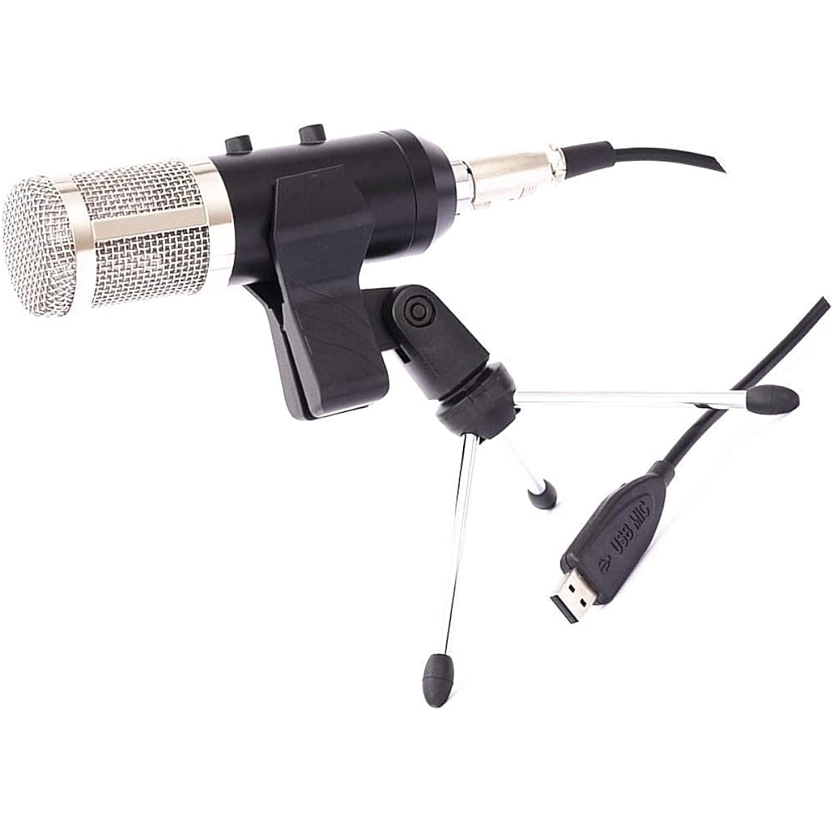 USB Microphone Condenser Set with Cable for YouTuber Live Stream Video Conference Recording Singing (Silver)
