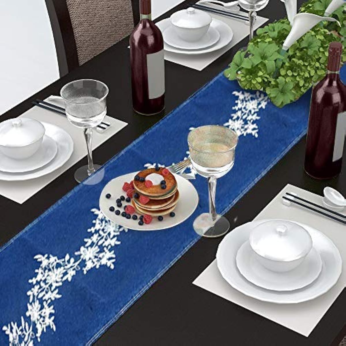 AAYU Denim Table/Bed Runner with Embroidered Floral Center | 14" x 72" | Premium Quality | Perfect for Weddings, Parties and Decorations