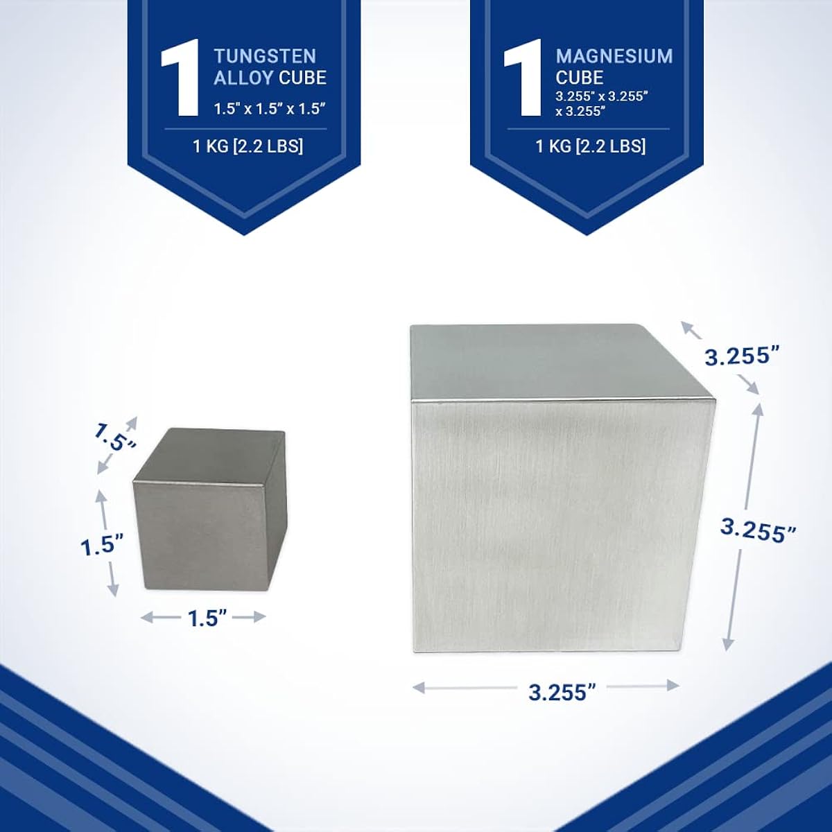 Kilo Tungsten and Magnesium Cube Set (1.5" wide cube and 3.255 Mg cube)