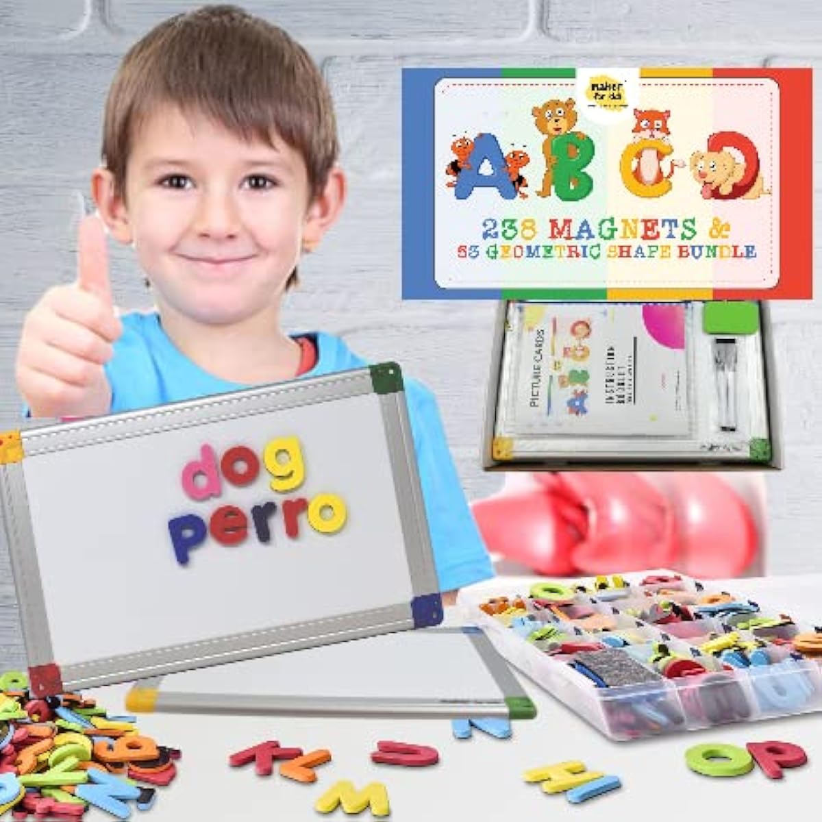ABC Magnetic Board with 291 Magnetic Letters, Numbers and Shapes for Kids Toddlers with Storage, Double-Sided Drawing, Dry Erase Uppercase Lowercase Foam Alphabet - Spelling Learning Game Set