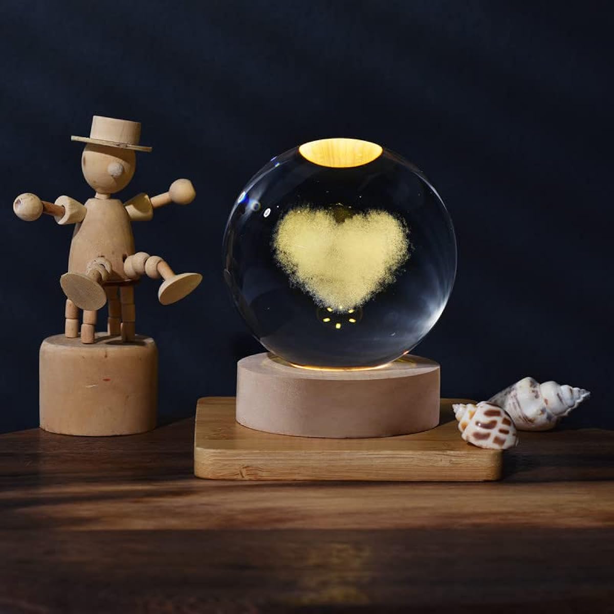 Gresonic Luminous Crystal Ball 3D Inner Carving Small Crystal Ball Light with Wooden Base Decorative Creative Gifts Luminous Crystal Ball Christmas Classmates Kids Girls Birthday (Heart)