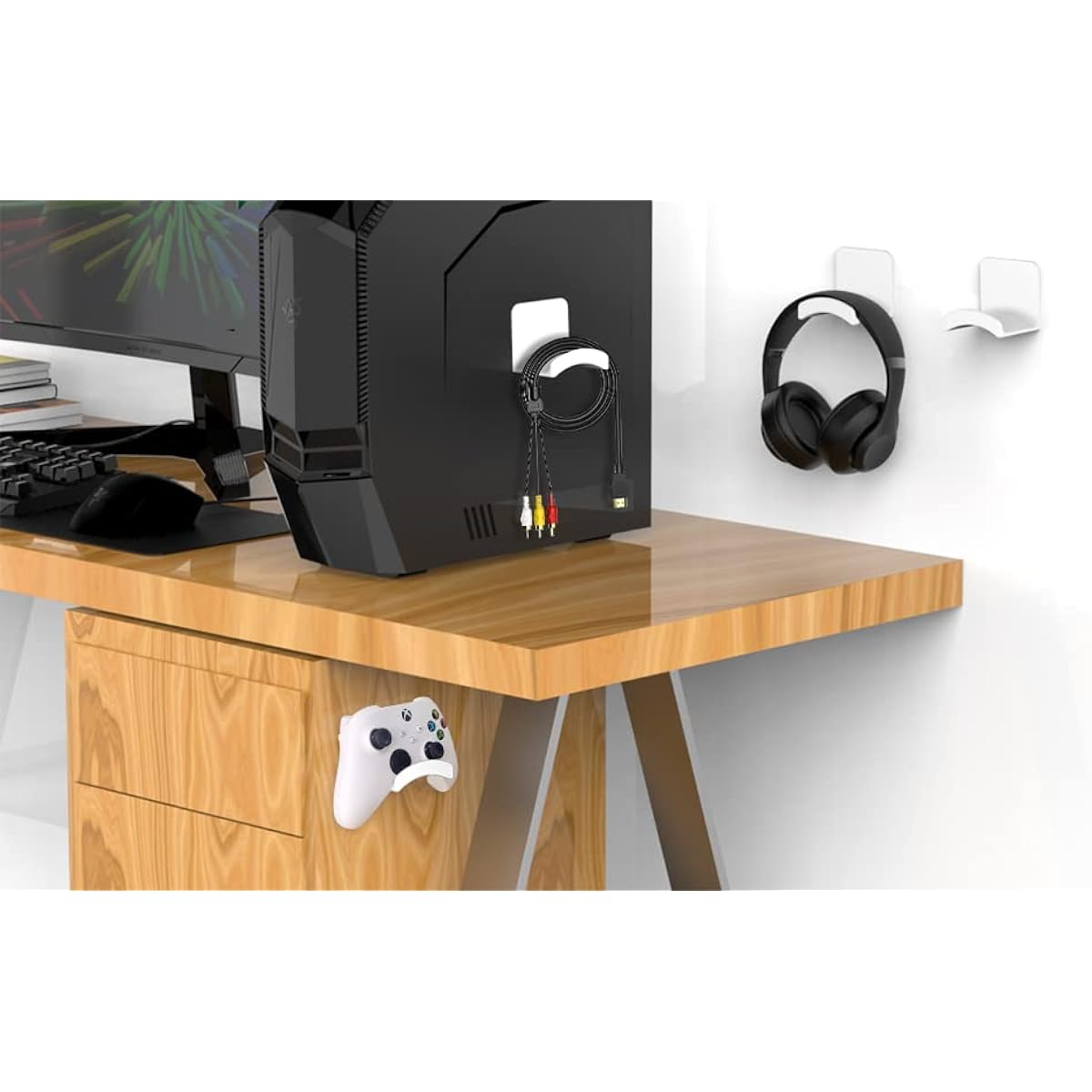 HomeMount Headphone Stand Headset Holder - Adhesive Gaming Headphone Hanger Hook Desk Mount Fits Most Headphones & Controllers (White)