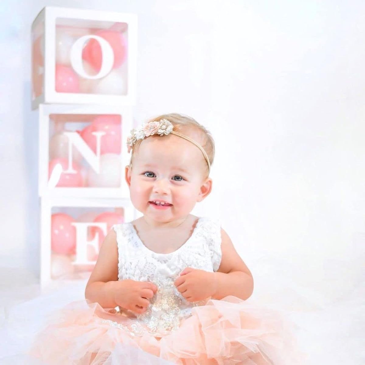 1st Birthday Balloon 'ONE' Boxes for Baby Girl with 24 Balloons – Baby 1st Birthday Girl Decoration Clear Cubes ONE Letters as Cake Smash Photoshoot Props First