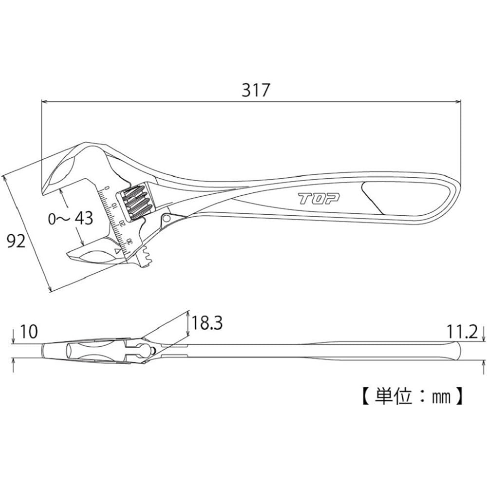 Top (TOP) Hyper Monki ZERO Wide adjustable wrench with no play Opening 0~43mm Equipped with a worm without play Monkey wrench HM-43 Tsubame Sanjo Made in Japan