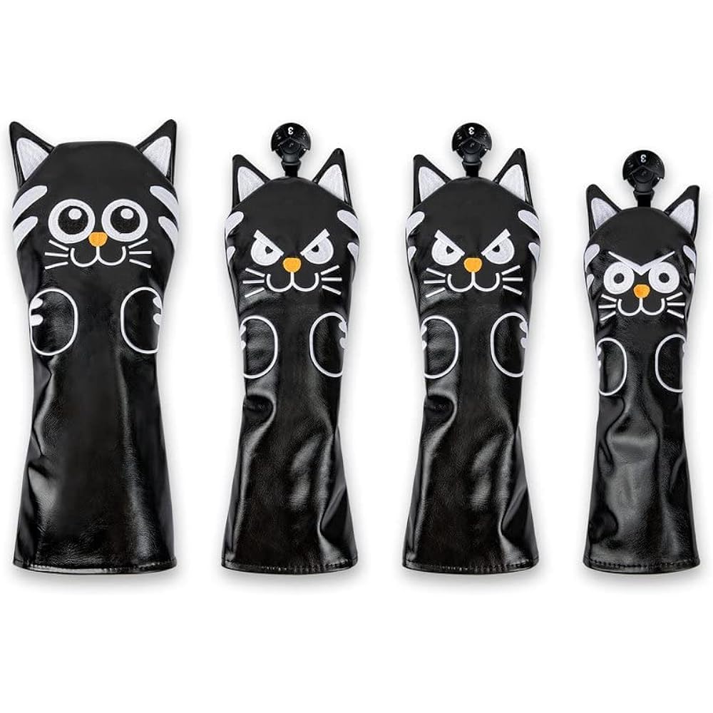 Golf head cover Driver cover 1 piece / Wood FW cover 2 pieces Utility UT cover 1 piece Conversion tag included 4 piece set Cat Cat White Black Gray
