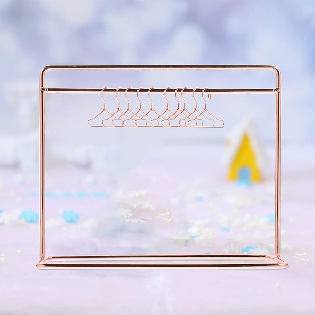 Toddmomy Miniature Doll Clothing Rack, 1 Set Metal Doll Garment Rack with Clothes Hangers for Mini Doll Wardrobe Furniture Accessories Dollhouse Supplies, Rose Gold