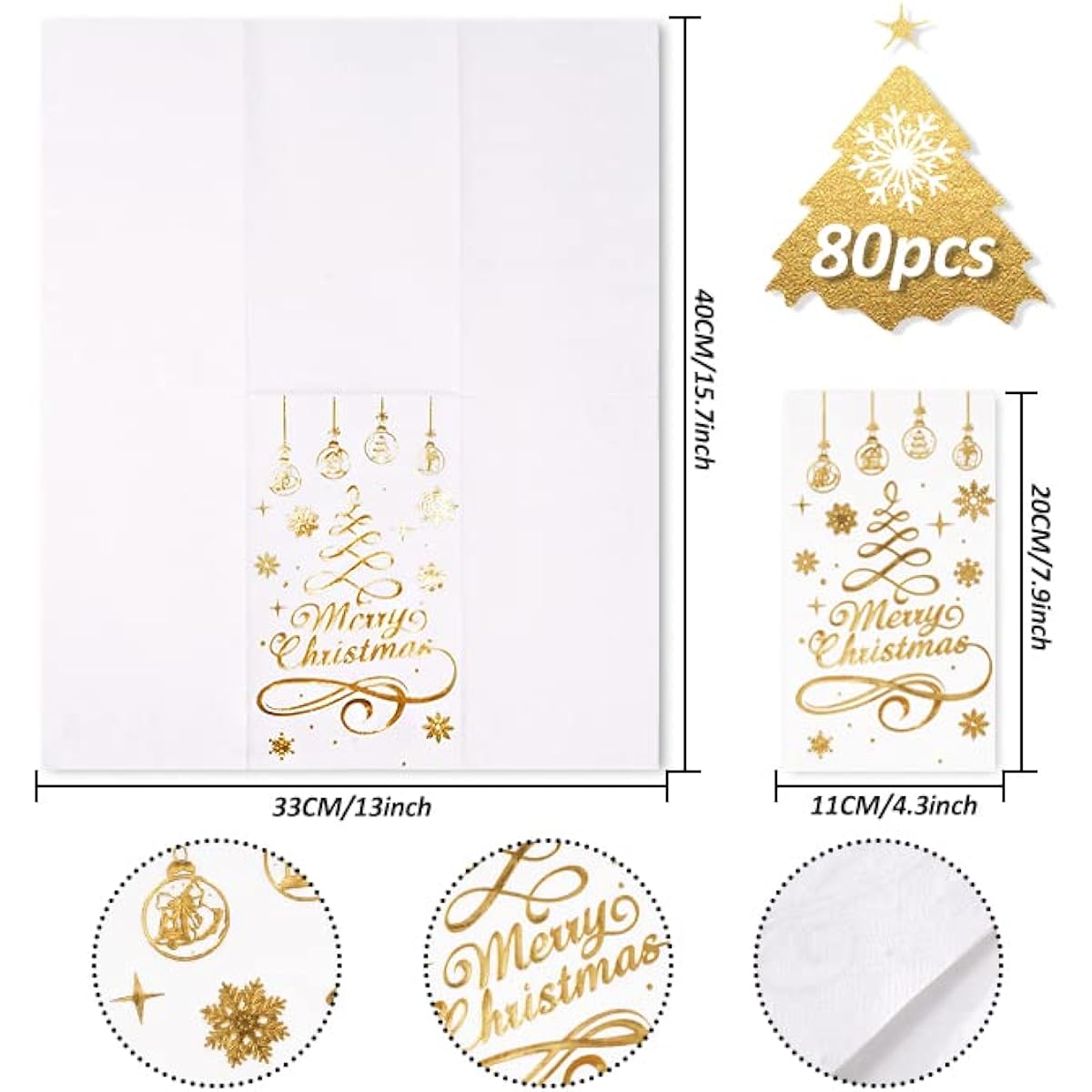 Whaline 80 Pieces Christmas Guest Napkins Gold Foil 3 Layer Disposable Paper Pack Christmas Tree Snowflake Pattern Dinner Hand Towel Napkins Christmas Party Winter Holiday Wedding Birthday Table Decoration