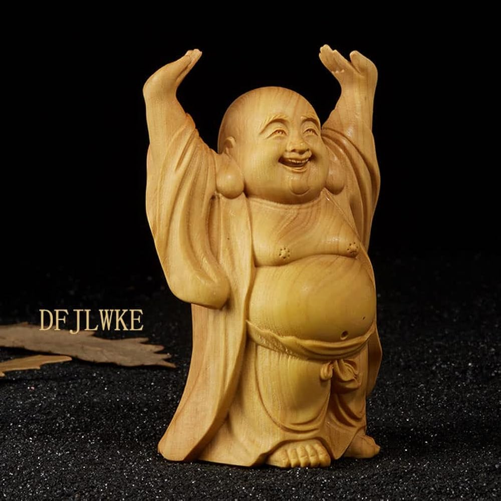 Buddha Statue, Cute, Hotei-like Ornament, Amulet, Examination, Wooden Carved Buddha Statue, Luxury Boxwood Wood Carving, Money Luck Amulet (Height 9.6cm x Width 6.5cm x Depth 4.6cm)