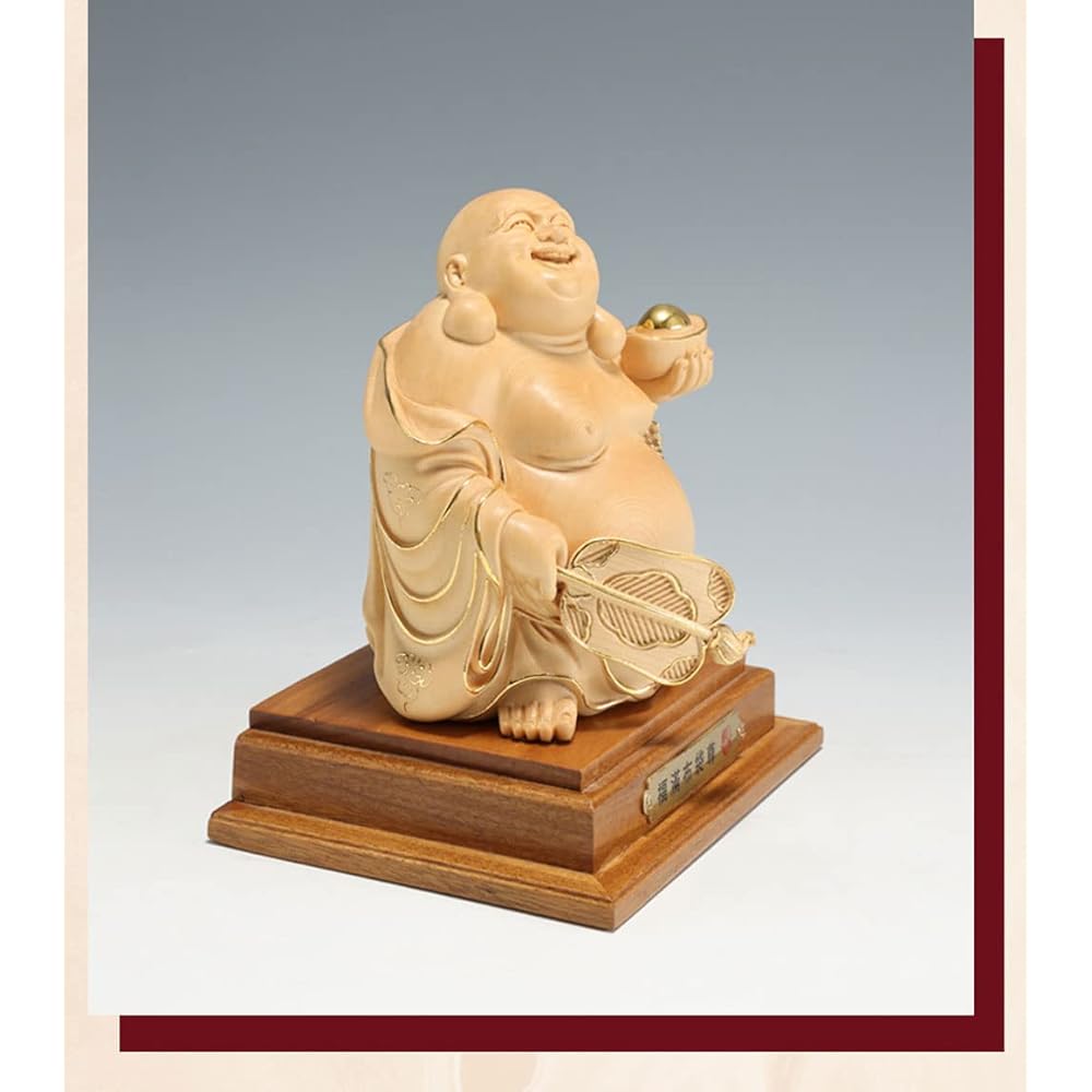 Buddha statue, wood carving, Hotei-sama figurine, high quality wood carving made of cypress wood (height 15cm x width 11cm) Money luck amulet