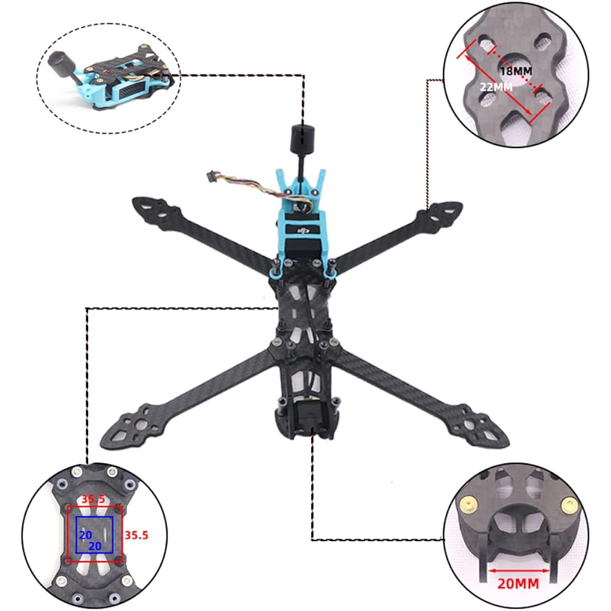 FEICHAO 5/6/7 inch Drone Frame Carbon Fiber 225/260/295mm Rack for MAK4 O3 Air Unit Drone Spare Parts (7 inch)