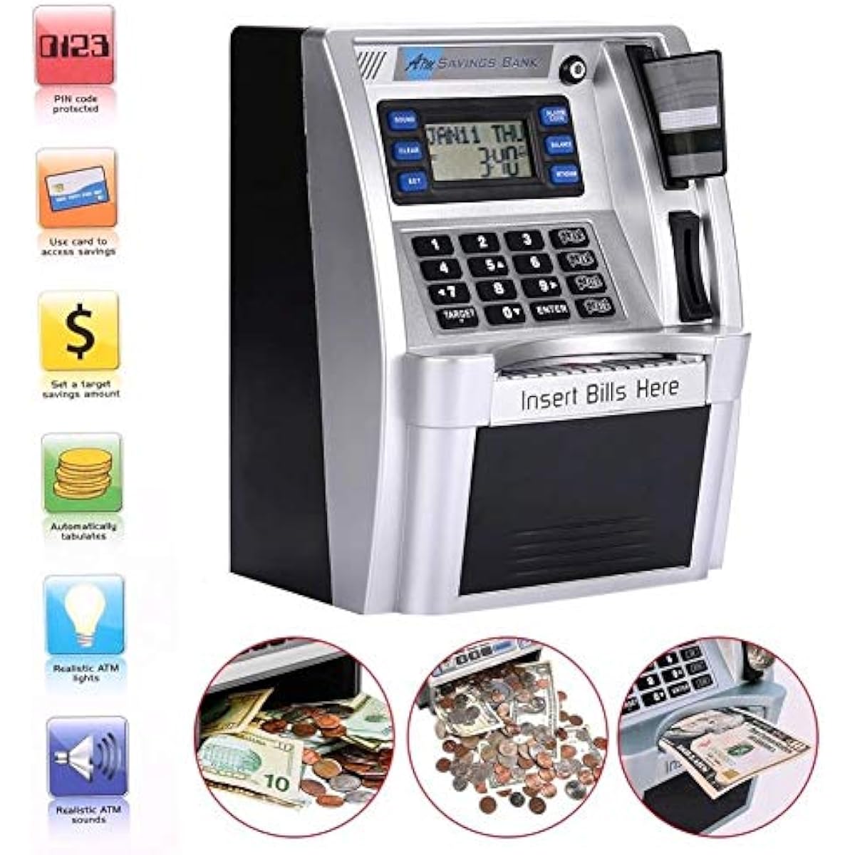 Upgraded ATM Piggy Bank Money Box Savings Box for Real Money Cards Bills Feeder Coin Reader Balance Calculator Safe for Kids Adults